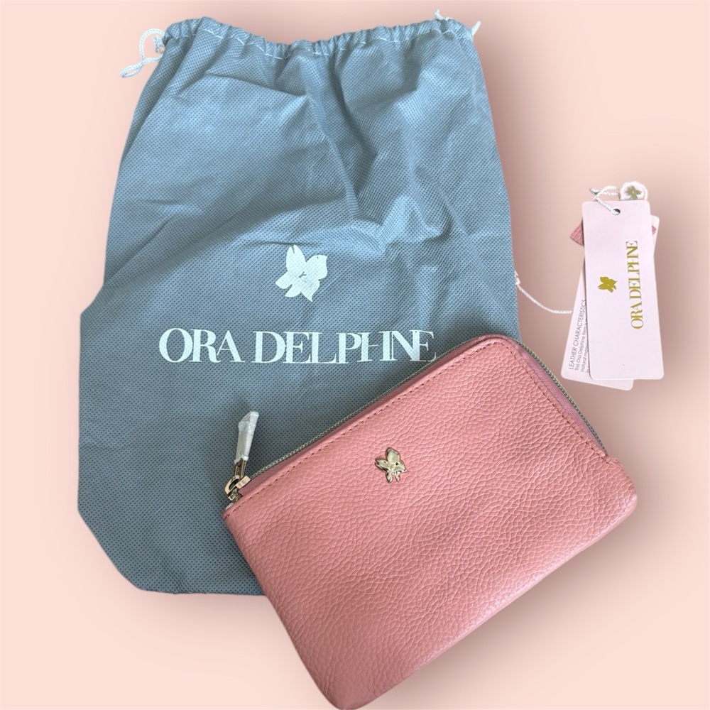 ORA DELPHINE SALMON PINK LEATHER ZIP UP POUCH SZ SMALL NWTS
